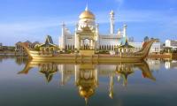 BWN Brunei Bandar Seri Begawan Omar Ali Saifuddien Mosque with stone boat and lagoon by day b.jpg